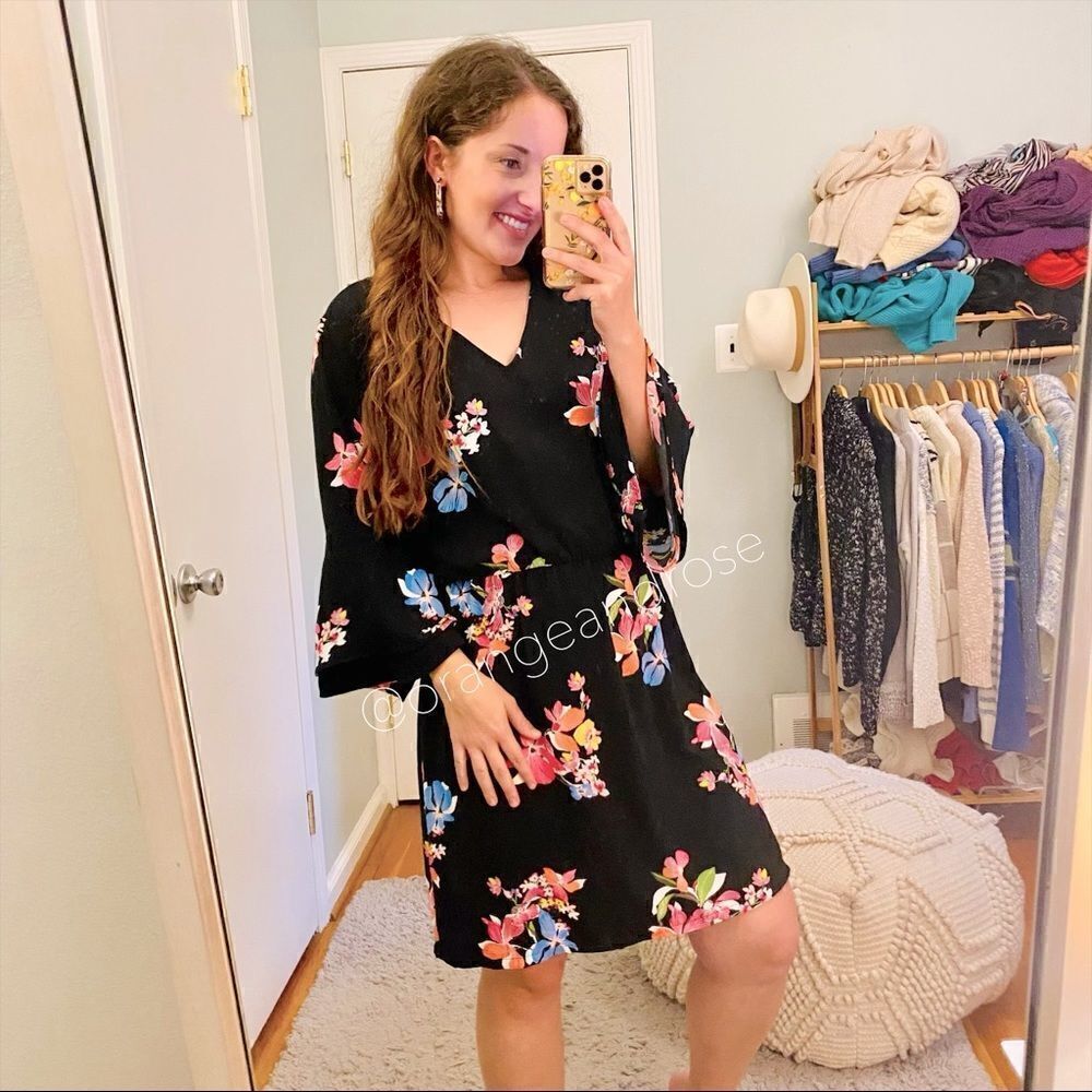 A new day Target Black Multicolored Floral Long Sleeve Mini Dress Flowy L